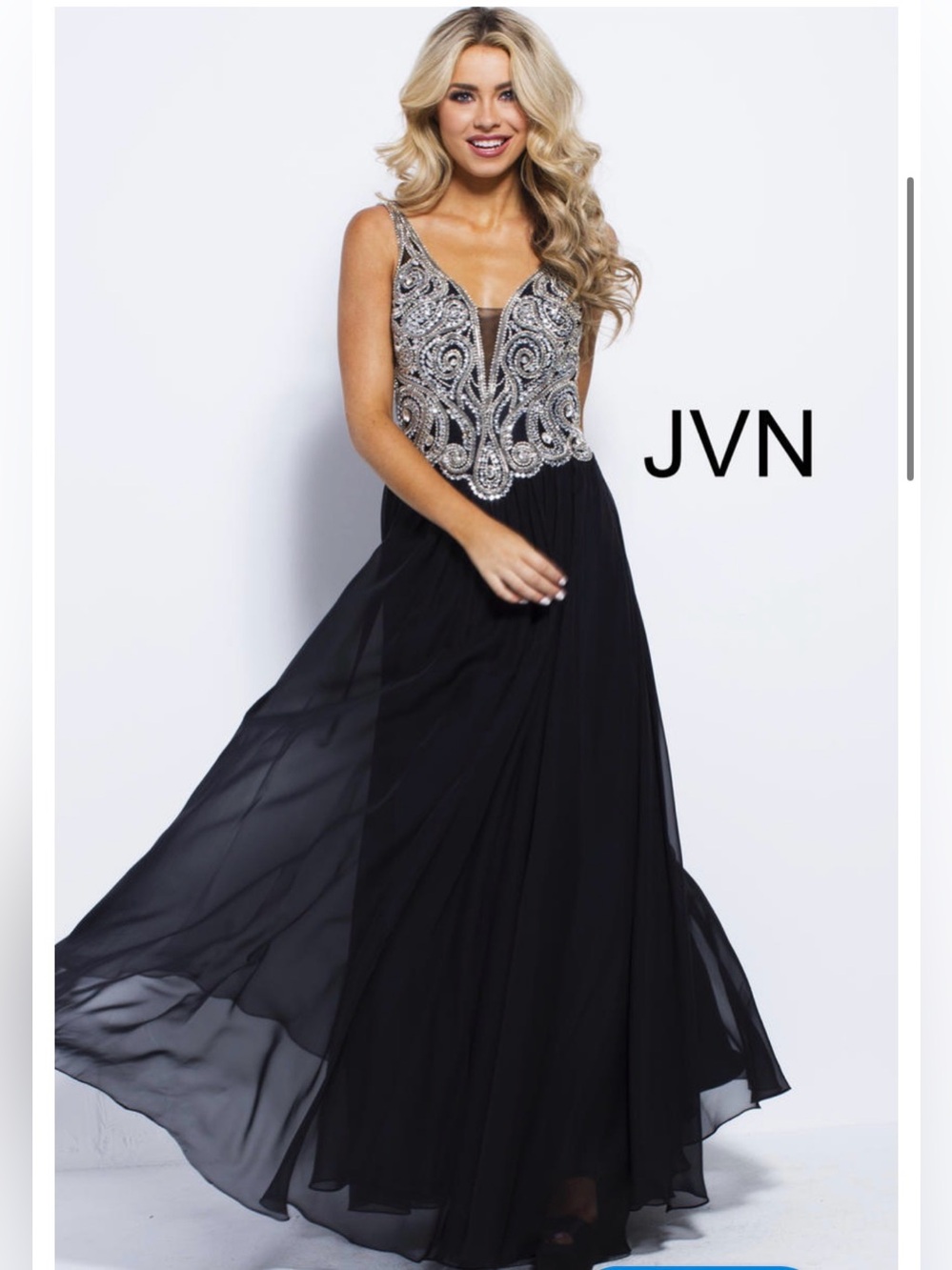 New Jovani Jvn Black Embroidered Bodice Chiffon Prom Black Dress Rhinestones 16